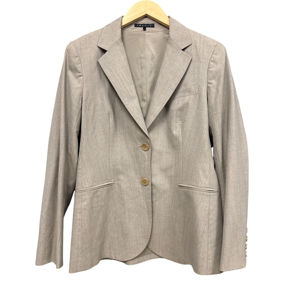 Theory Blazer Womens 12 Tan Wool Two Button Professional Office Workwear Chic